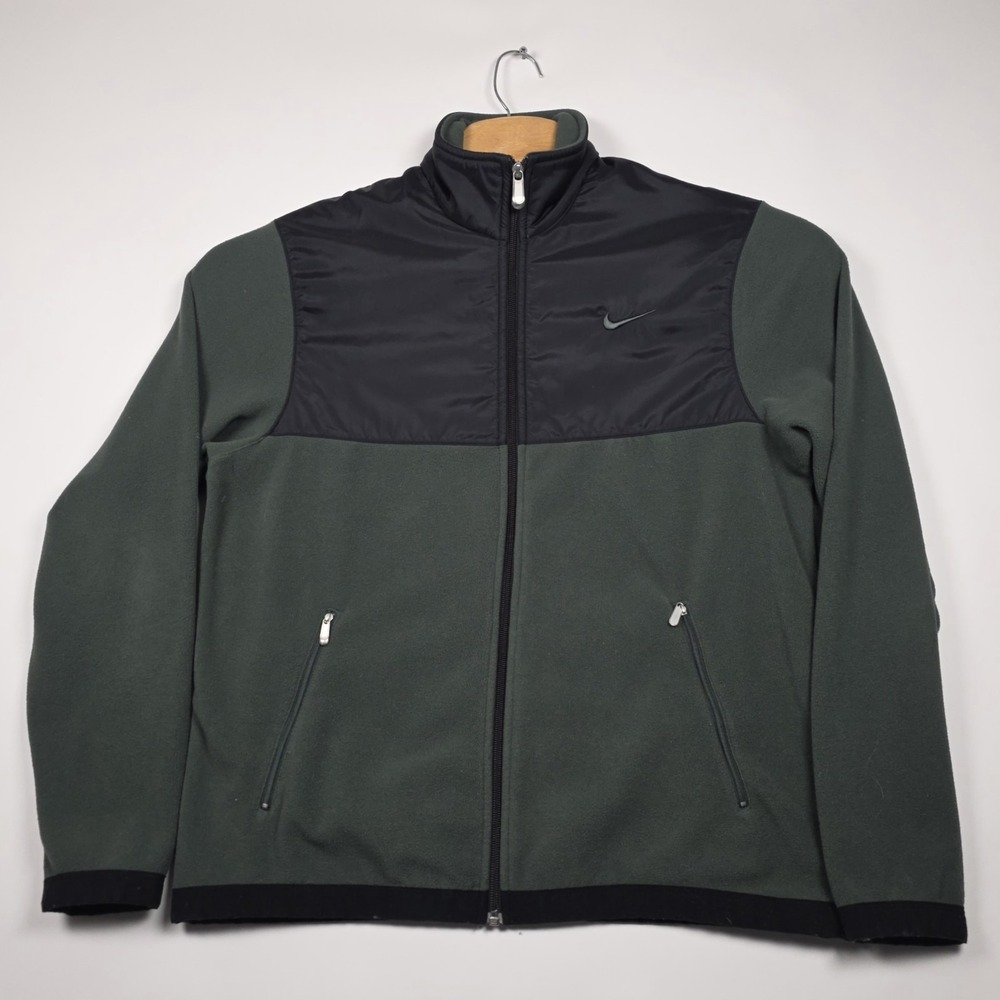 VTG Nike Fleece Jacket Mens M Olive Green Black Nylon Overlay Full Zip Outdoor